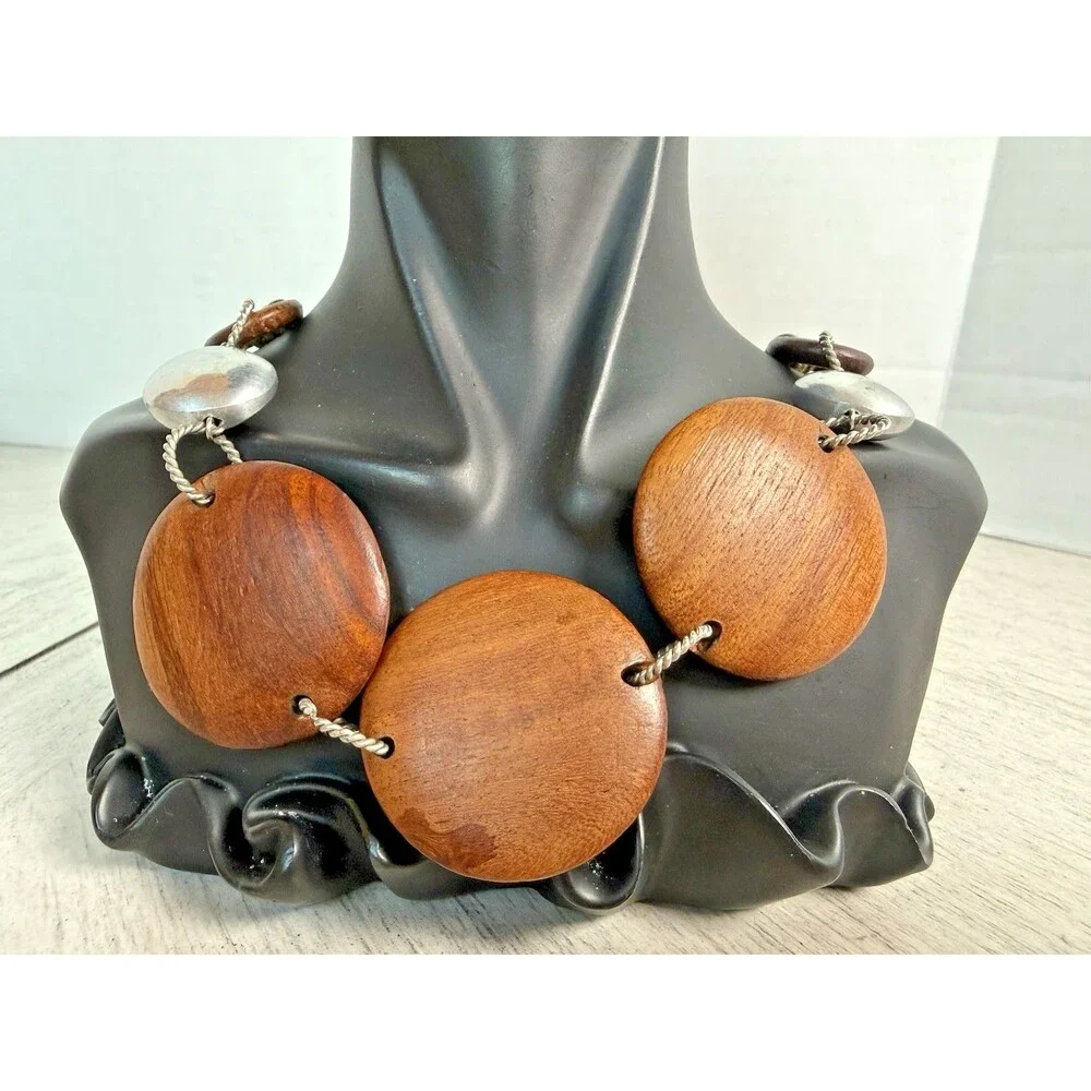 Chunky Round Wood Disc & Textured Silver Statement Necklace Rope Cord Boho